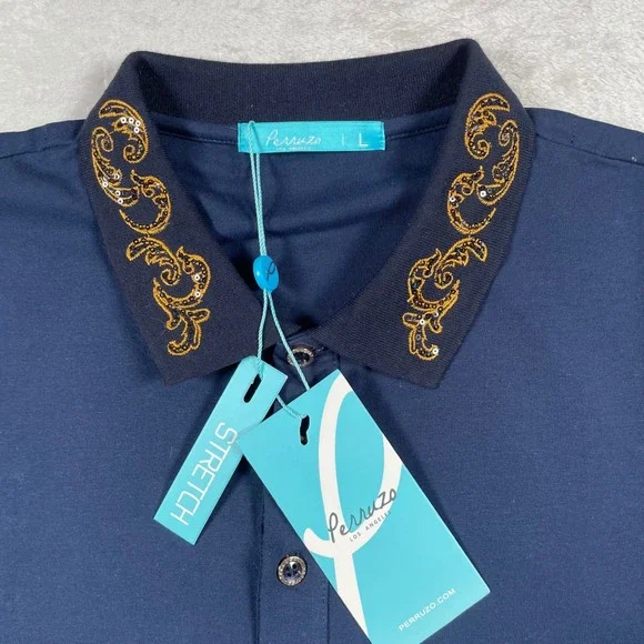 Perruzo Men's Navy Blue Stretch Polo Shirt L Embellished Collar Short Sleeve - Picture 4 of 6